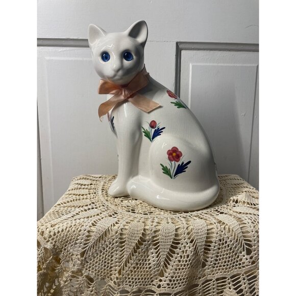 Vintage ELPA Alcobaca Portugal White Ceramic Cat Blue Glass Eyes - Picture 14 of 14